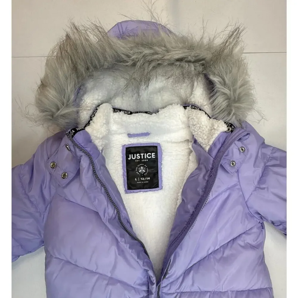 Justice Girls Classic Puffer Jacket Faux Fur Hood Winter Coat Lavender Size L